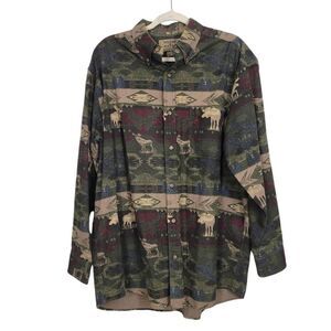 Woods & Water Moose‎ Print Camouflage Button Up Shirt Sz L Hunting Outdoors Camo